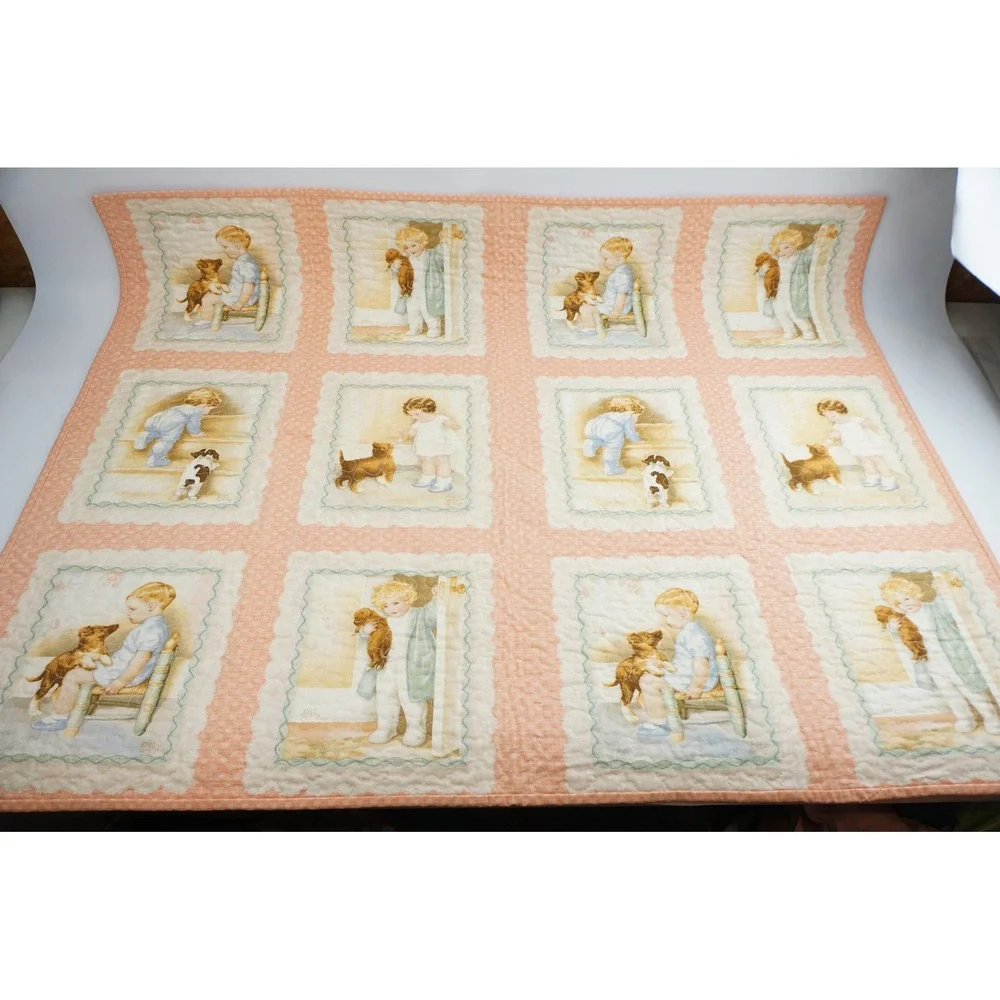 Bessie Pease Handmade‎ Baby Quilt 43x35 Peach Pink Puppy Dog Floral Excellent